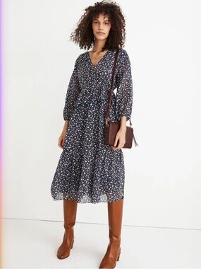 Madewell Navy Floral Tie Waist Long Sleeve Midi Dress Harvest Vine Size Small